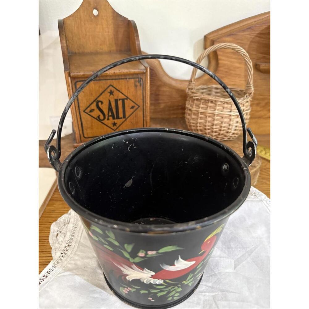 VTG Hand Painted Tole Pail Bucket Bird Folk Art Shabby Country Farm Primitive - Picture 7 of 9